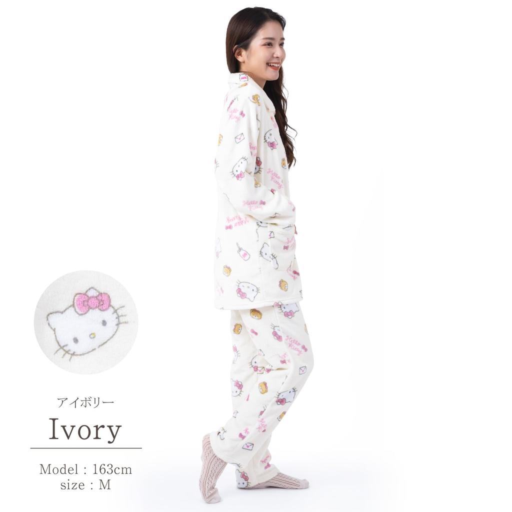 Hello Kitty Shirt Pajamas Flannel Long Sleeve Long Pants Top and Bottom Set Room Wear Pink Ribbon Hello Kitty [SAZAC] Women's (Ivory/L/SAN1746)