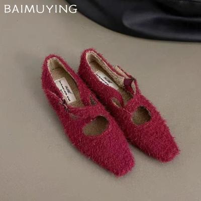 Меховые элегантные женские балетки на плоской подошве, модные сексуальные туфли с острым носком, женские туфли 2025 года, зимнее платье, туфли Мэри Джейн Mujer