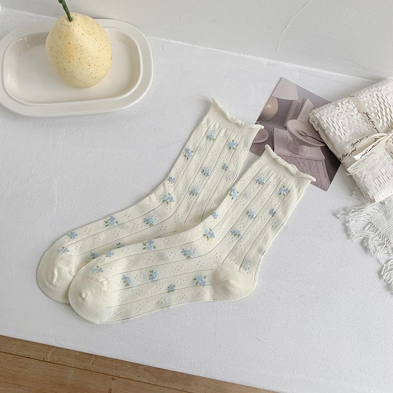 Женские весенне-летние тонкие литературные носки-гольфы с маленькими цветочками и милым бантиком, без косточек, с закрученным краем