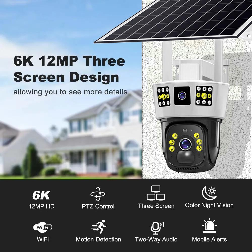 V380 Pro Solar WIFI IP Camera CCTV 12MP 6K Outdoor 4G SIM Two Lens Three Screen Auto Tracking Security Surveillance PTZ Camera