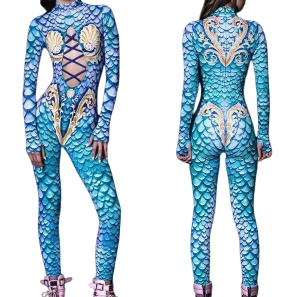 Женский костюм с вырезами 'Русалка', чешуя рыбы, ракушка, 3D-цифровая печать, костюм для косплея на Хэллоуин, комбинезон для взрослых, карнавал, вечеринка, танцы, маскарад