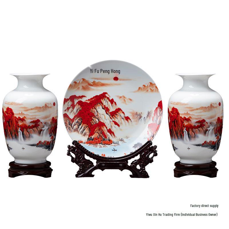 Good Fortune Jingdezhen Ceramic Vase Set: 3-Piece Décor for Living Room, Curio Shelf, or TV Cabinet