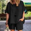 Yousheng Women's Cotton Linen 2-Piece Outfit Short Sleeve Crewneck Pullover Top And Shorts Set with Pockets Summer Casual Loungewear Tracksuit