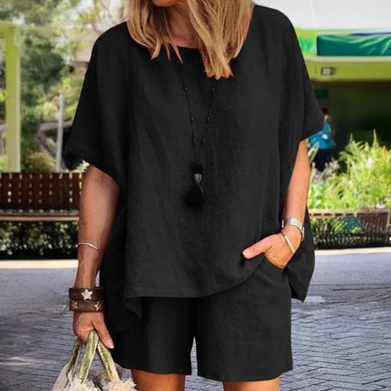 Yousheng Women's Cotton Linen 2-Piece Outfit Short Sleeve Crewneck Pullover Top And Shorts Set with Pockets Summer Casual Loungewear Tracksuit