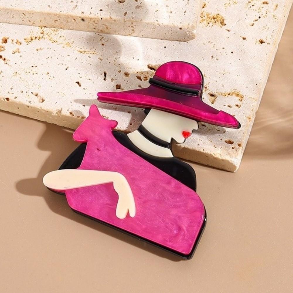 Large Women Portrait Pin Acrylic Coat Badge Cute Lady with Hat Brooch Clothing Accessories
