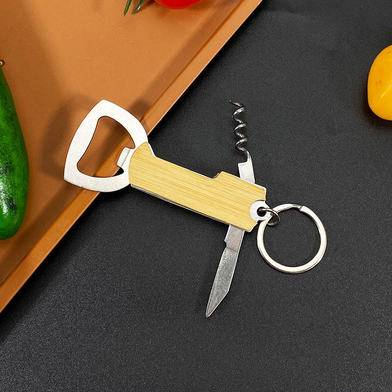 Stainless Steel Bottle Opener with Wooden Handle - Multi-Functional 3-in-1 Tool for Wine, Beer, and Cans.