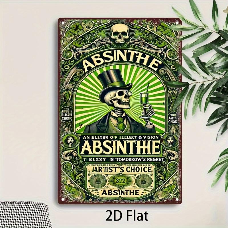 Vintage Skull Metal Sign x Retro Absinthe Art with Top Hat Champagne Glass for Bar Wall Decor Coffee Shop Man Cave
