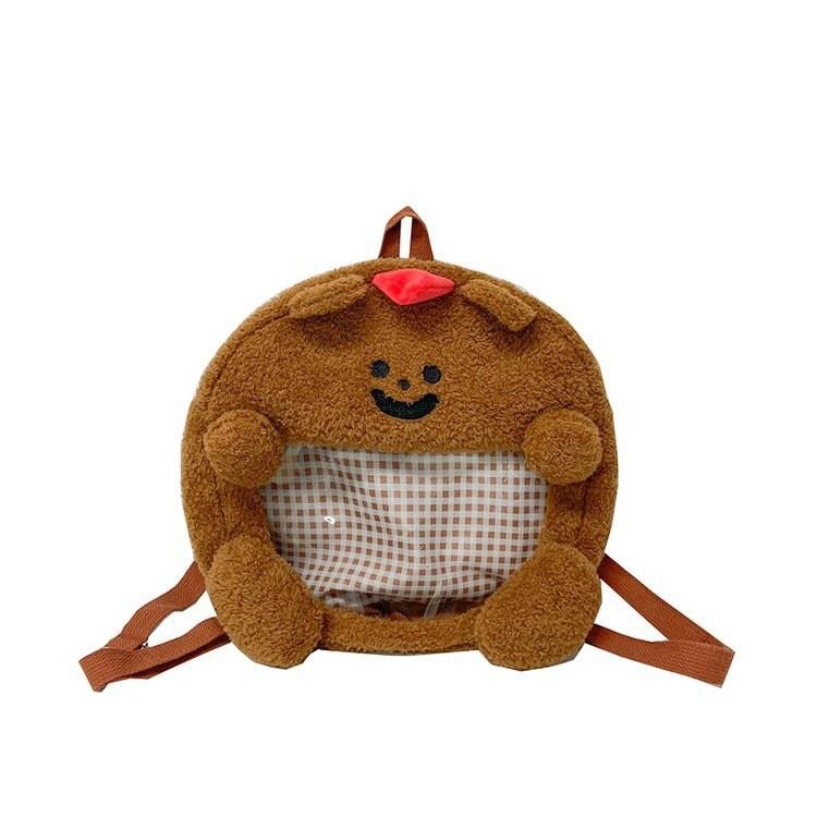 Cute Furry And Bear Plush Backpack With Transparent Layer For Carrying Badges