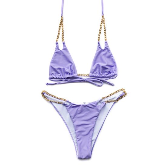 Women Metal Chain Lacing Halter Bra Swimsuit Bikini Triangle Underwear Set for Swimming
