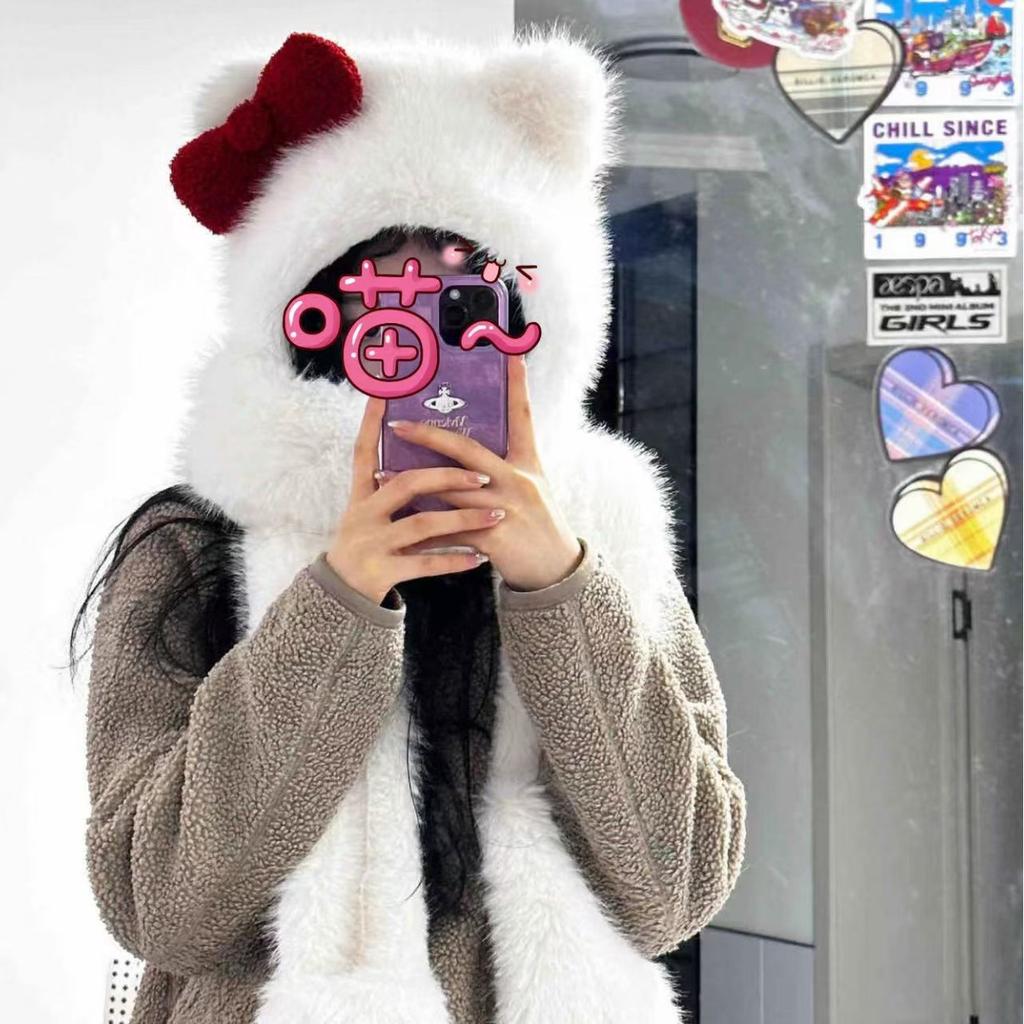 Шляпа-ушанка с бантом Hello Kitty, теплая, плюшевая, осенне-зимняя, для девочки-студентки, котенок Китти