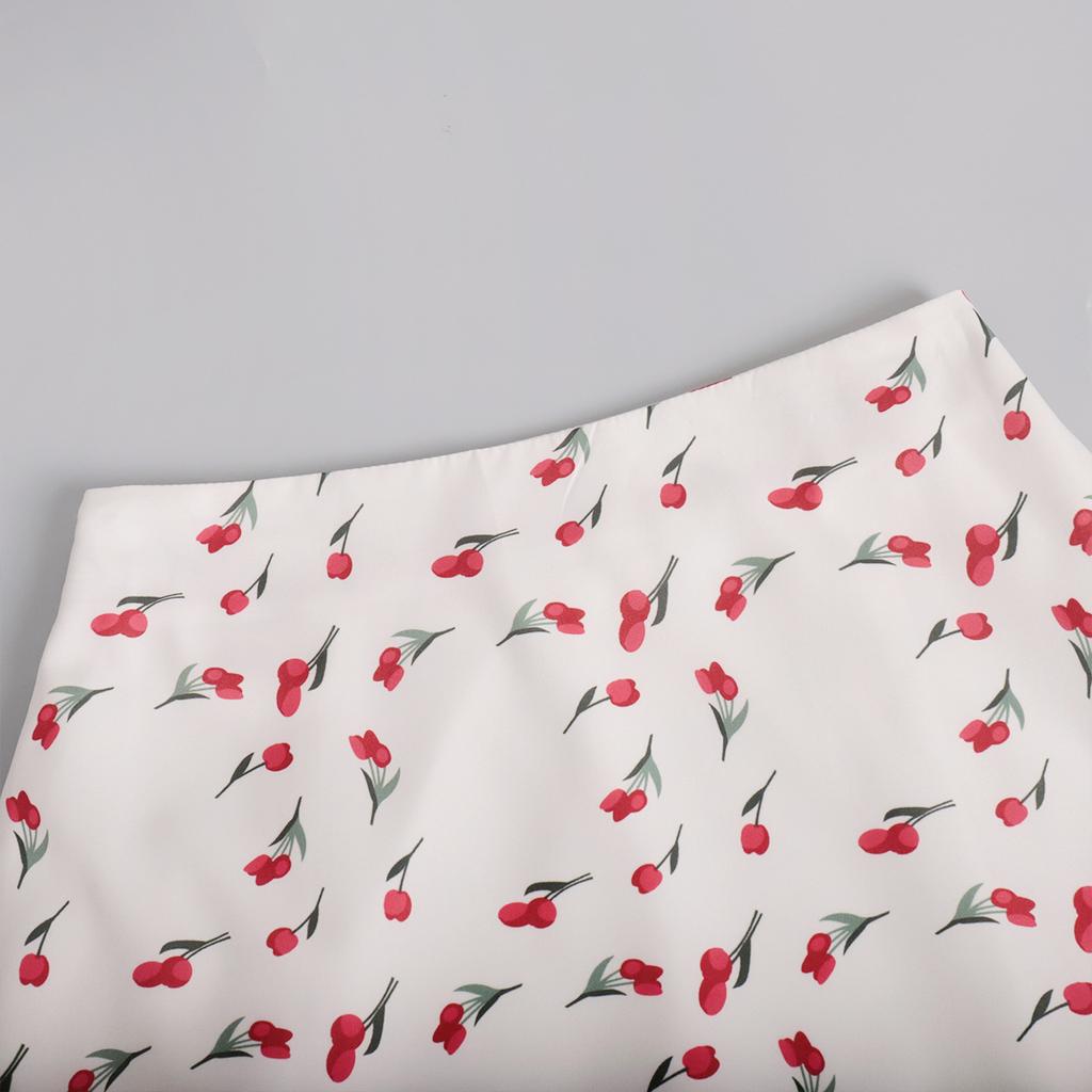 Женская юбка-полуторка с цветочным принтом, весенний темперамент, элегантная юбка-полуторка с высокой талией и принтом вишни