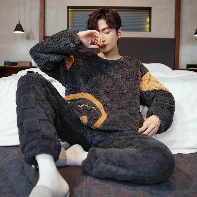 Men's Winter Flannel Pajamas - Thick Plush Coral Fleece Long Sleeve Set