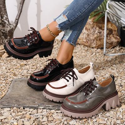 Большой размер толстая подошва лаковая кожа маленькие кожаные туфли женские круглый носок шнуровка цветная толстый каблук ретро увеличивающие рост лоферы