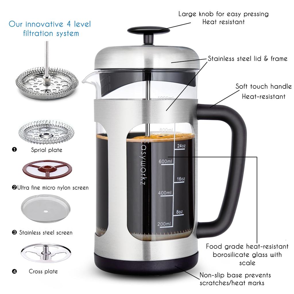 Easyworkz Френч-пресс из нержавеющей стали, термостойкое стекло, мягкая ручка, 1000 мл, серебристый (8 чашек)