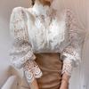 Lace Hollow Out Hook Flower Blouse Women Cotton Shirts Button White Black Top Long Sleeve Stand Collar Elegant Shirt