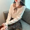 Fashion Sweet Peter Pan Collar Knitted Shirt for Women Autumn and Winter Slim Long Sleeve Women's Blouse Vintage Solid Bow Tie Ladies Tops 24742
