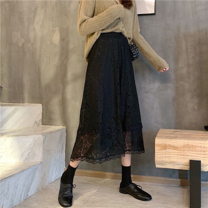 Female Lady Korean Style Black White Blue Lace Midi Skirt Women Spring Autumn Cute Elegant Office A-line Skirt