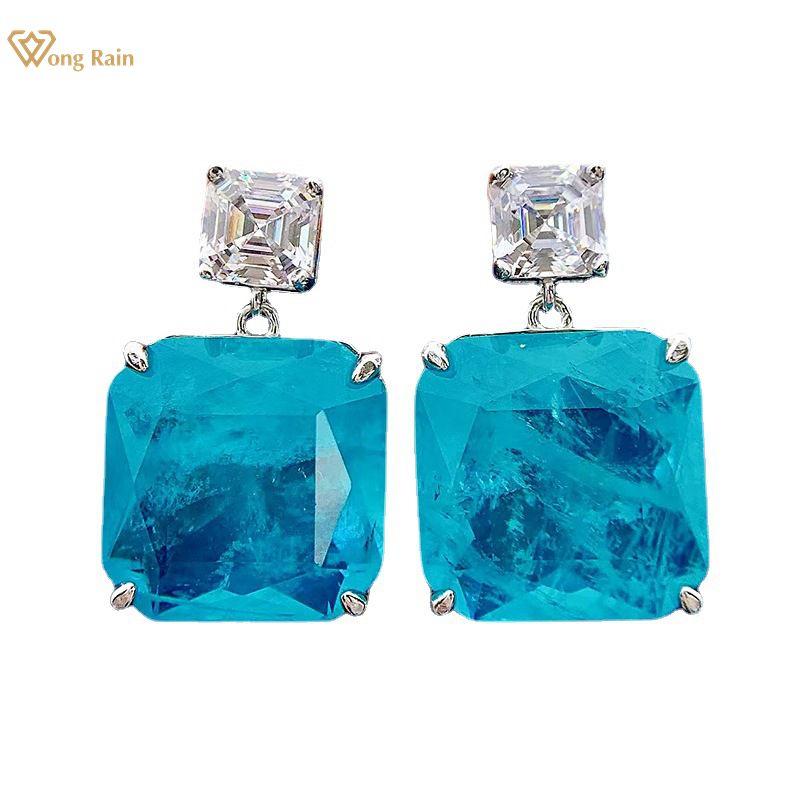 Wong Rain 100% 925 Sterling Silver Emerald Paraiba Asscher Cut High Carbon Diamonds Gemstone Drop Dangle Earrings Fine Jewelry