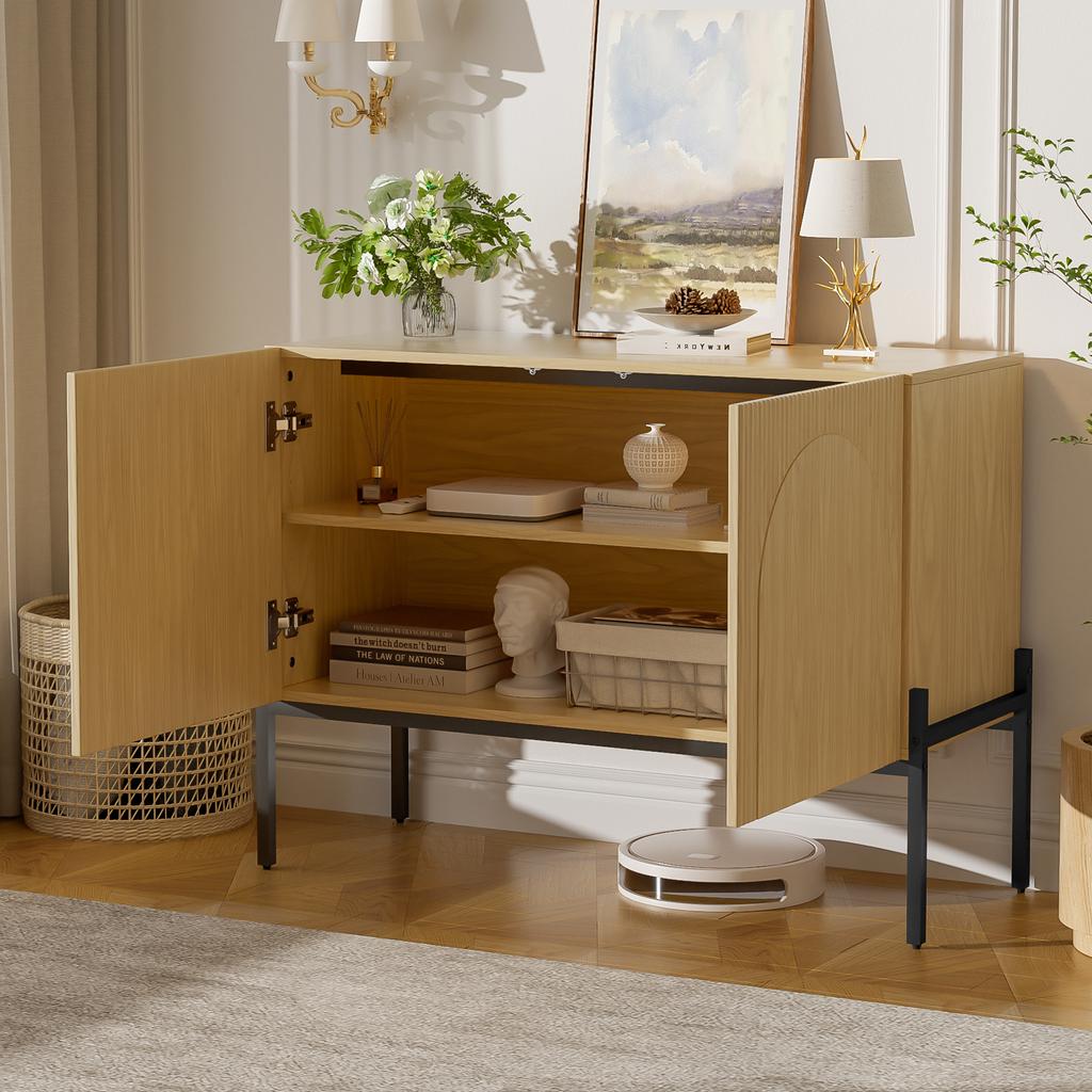 Sideboard with 2 doors and metal legs, arched line design, modern minimalist style, natural, dimensions: W 100 cm / H 75 cm / D 40 cm