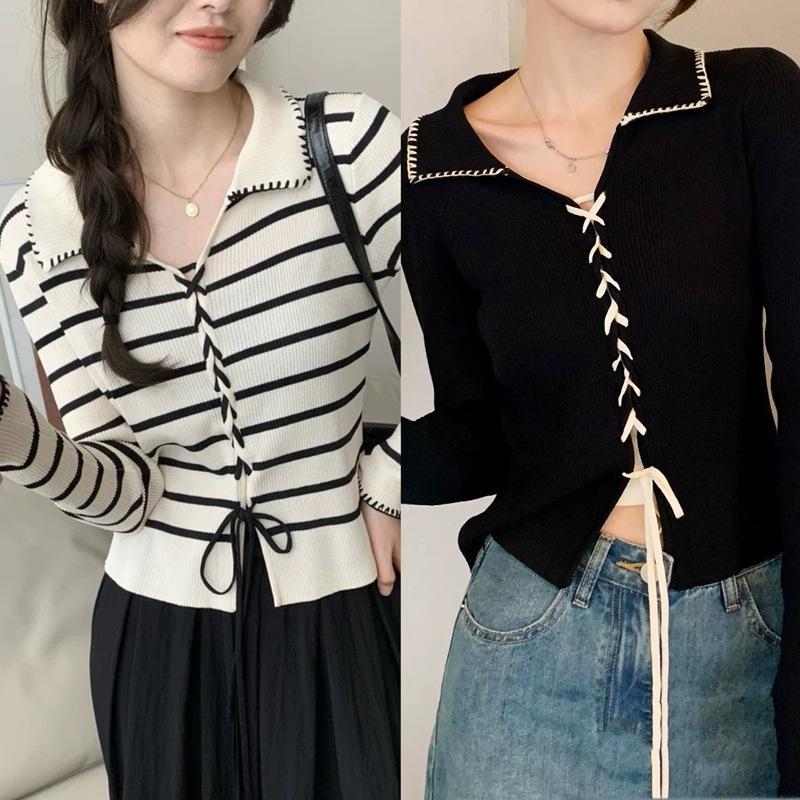 Autumn and winter Korean bright line polo lapel knitted top women's unique foreign style beautiful strap sweater bottoming shirt women
