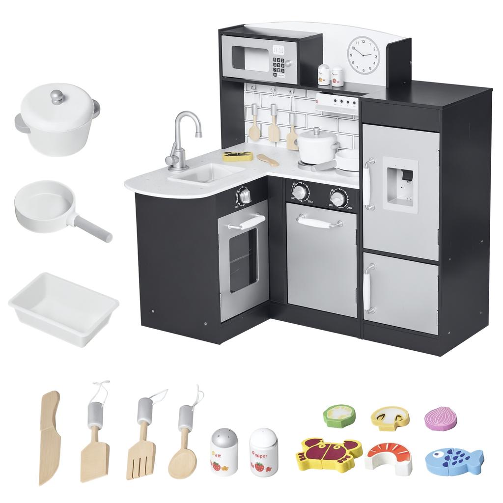 Wooden Toy Kitchen for Children with 14 Accessories, Oven, Sink, Fridge and Microwave, Age 3+ Years, 86x64x84.5cm, Silver and Brown