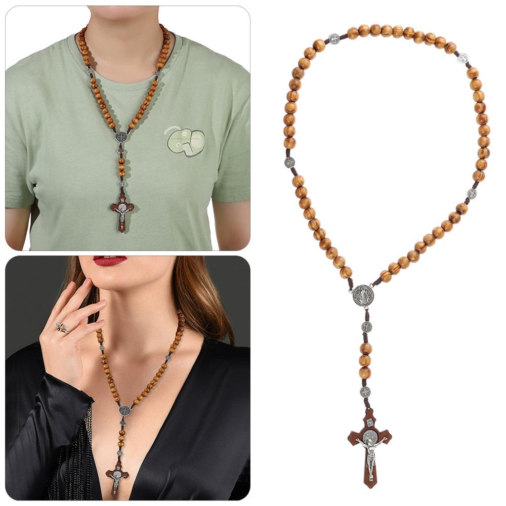 Подарки Католическая молитвенная цепочка Деревянные бусины Ожерелье Ожерелье с крестом Ожерелье-розарий Подвеска-крест