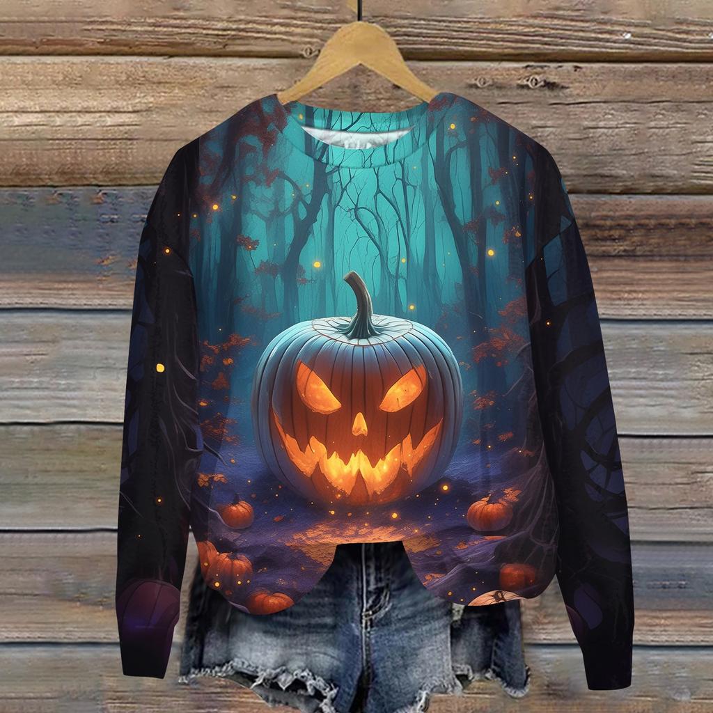 Women's Halloween Printed Round Neck Long Sleeved Loose Fitting Long Sleeved Casual Long Sleeved Top