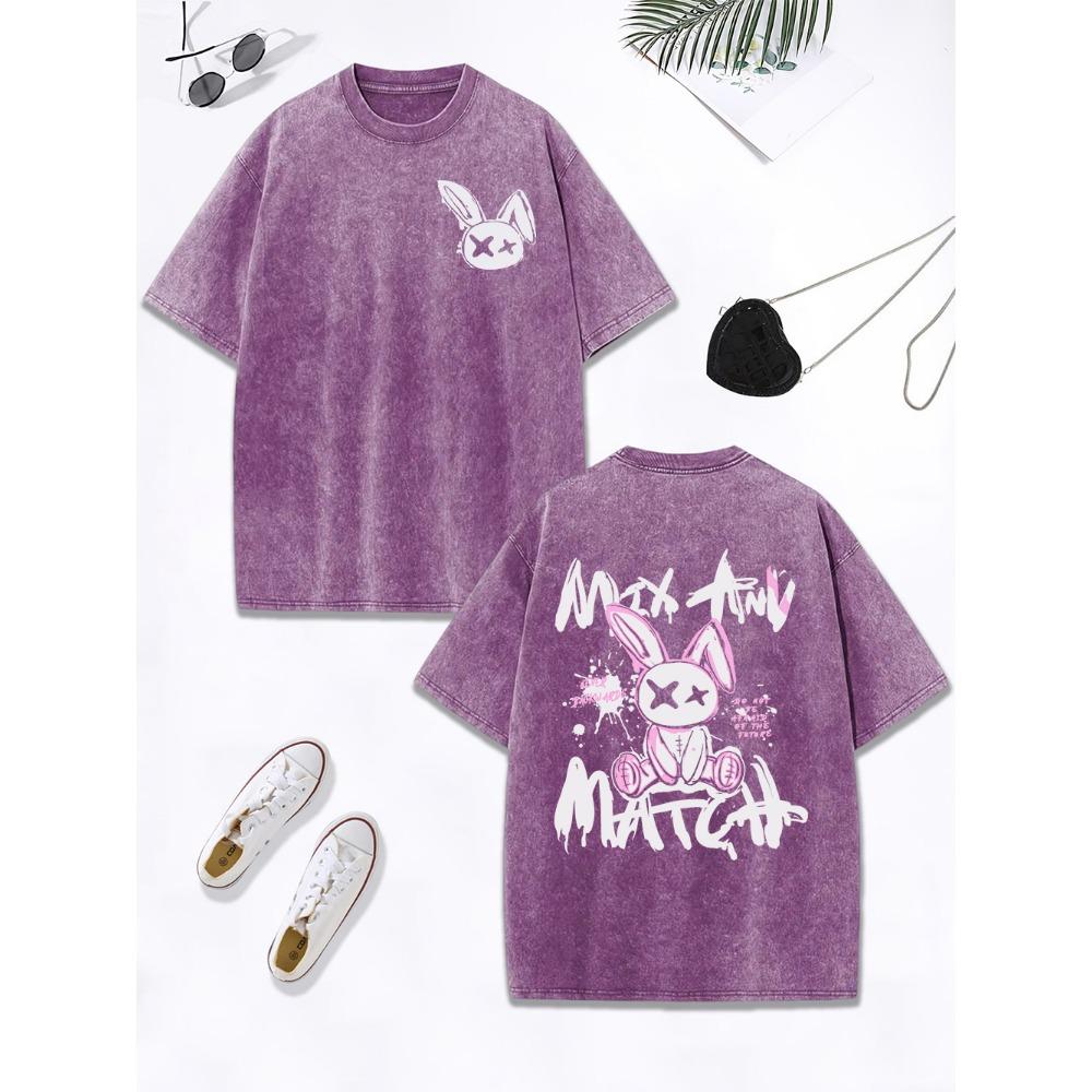 Мультяшный кролик спичка граффити текстовые принты выстиранная футболка женская хлопок оверсайз топы круглый вырез состаренная футболка одежда