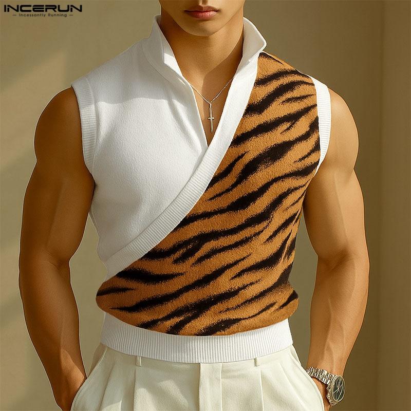 INCERUN Летние мужские повседневные майки с V-образным вырезом без рукавов и полосатым принтом