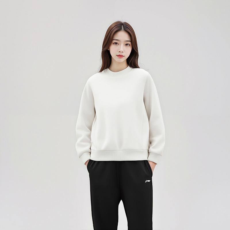 Li Ning Sweatshirts Women's Champagne White New Fleece Lined Crew Neck Moderate AWDT782-8
