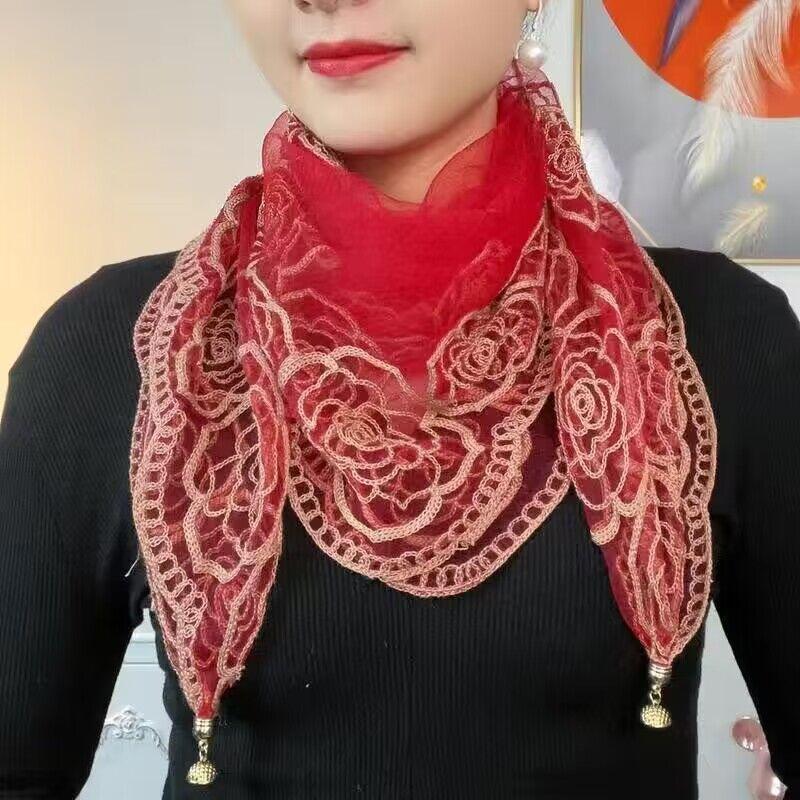 Embroidered Magnetic Button Versatile Spring and Summer Travel Multifunctional Thin Scarf for Women's Sun Protection Fashion Gauze Scarf