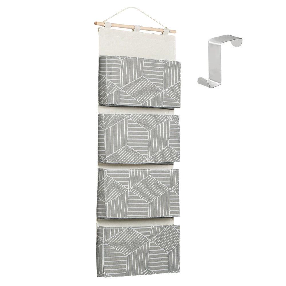Over Door Hanging Storage Bags Wall Mount Closet Organizer, 4 Big Pockets Linen Cotton Fabric Living Room Bedroom Bathroom
