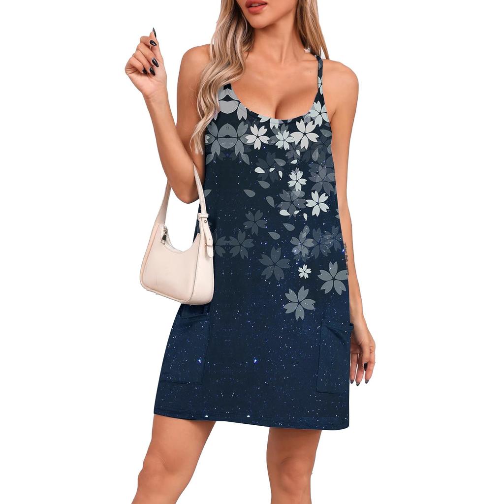 Женское летнее повседневное платье с квадратным вырезом и подтяжками, с карманами