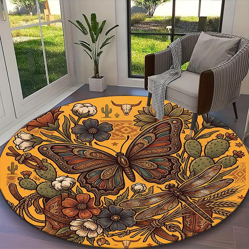 1pc Gentle Seasonal Butterfly Warmth Carpet for Room Floor Mat, Comfortable Office Chair Printed Round Rug, Beautiful Hotel Rug