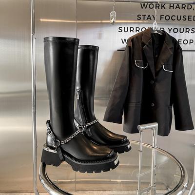 Модные металлические женские ботфорты в панк-стиле, модные молнии сзади, женские плоские ботфорты на платформе, рыцарские ботфорты до колена, зимняя обувь на толстой подошве