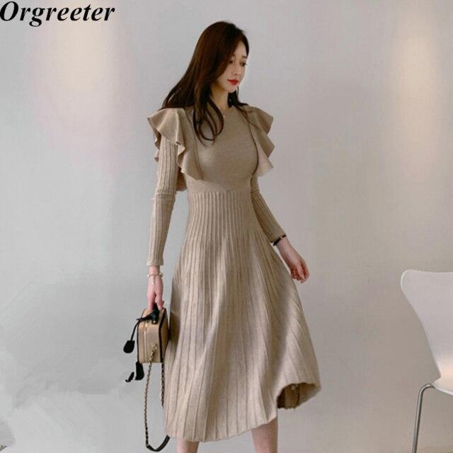 Осень-зима Элегантное женское длинное трикотажное платье с круглым вырезом, облегающее платье с длинными рукавами и оборками, плиссированное платье с поясом, женское платье-свитер