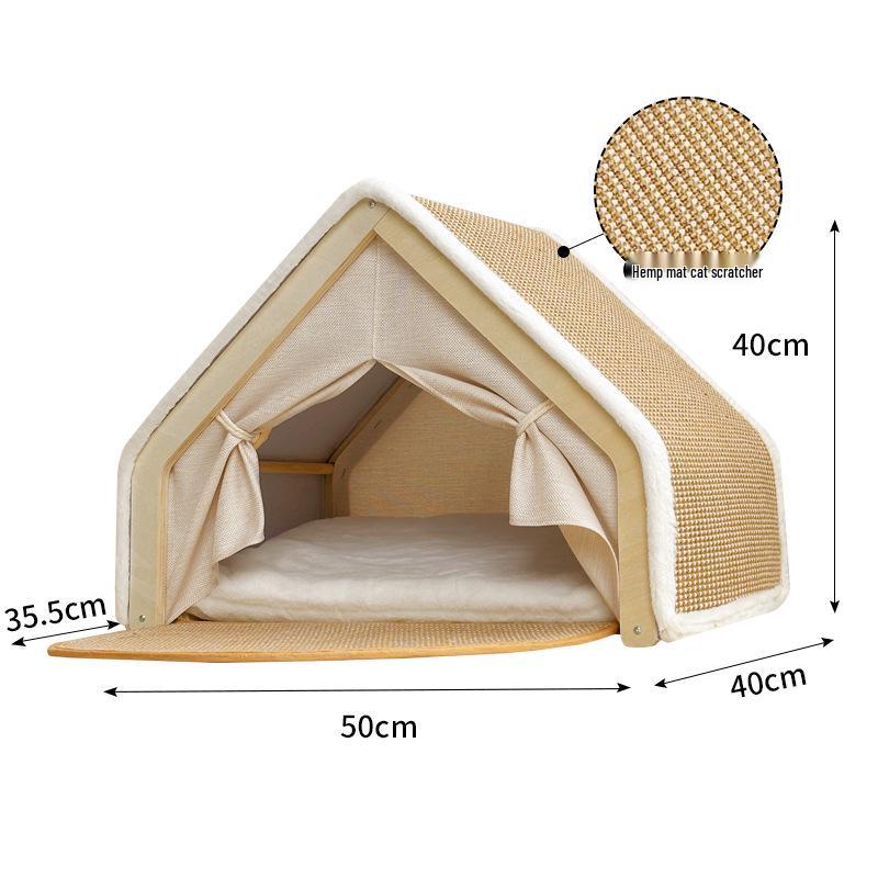 Super Large All-Season Cat & Dog House: Sisal Scratching Board, Solid Wood Enclosed Bed, Cat Tent Villa