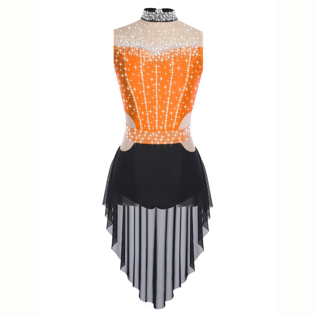 Women Lyrical Dance Dress Mock Neck Sleeveless Backless Shiny Rhinestones Color Block Mesh Skirted Leotard