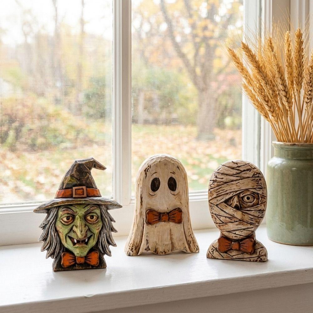 Wooden Halloween Ornaments Gothic Desktop Decorations Rustic Style Ghost Figurine Halloween