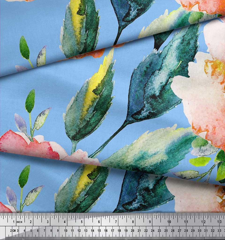 Soimoi Японский креп-атласная ткань с цветами и листьями, акварельный принт, швейная ткань, метр 42 дюйма