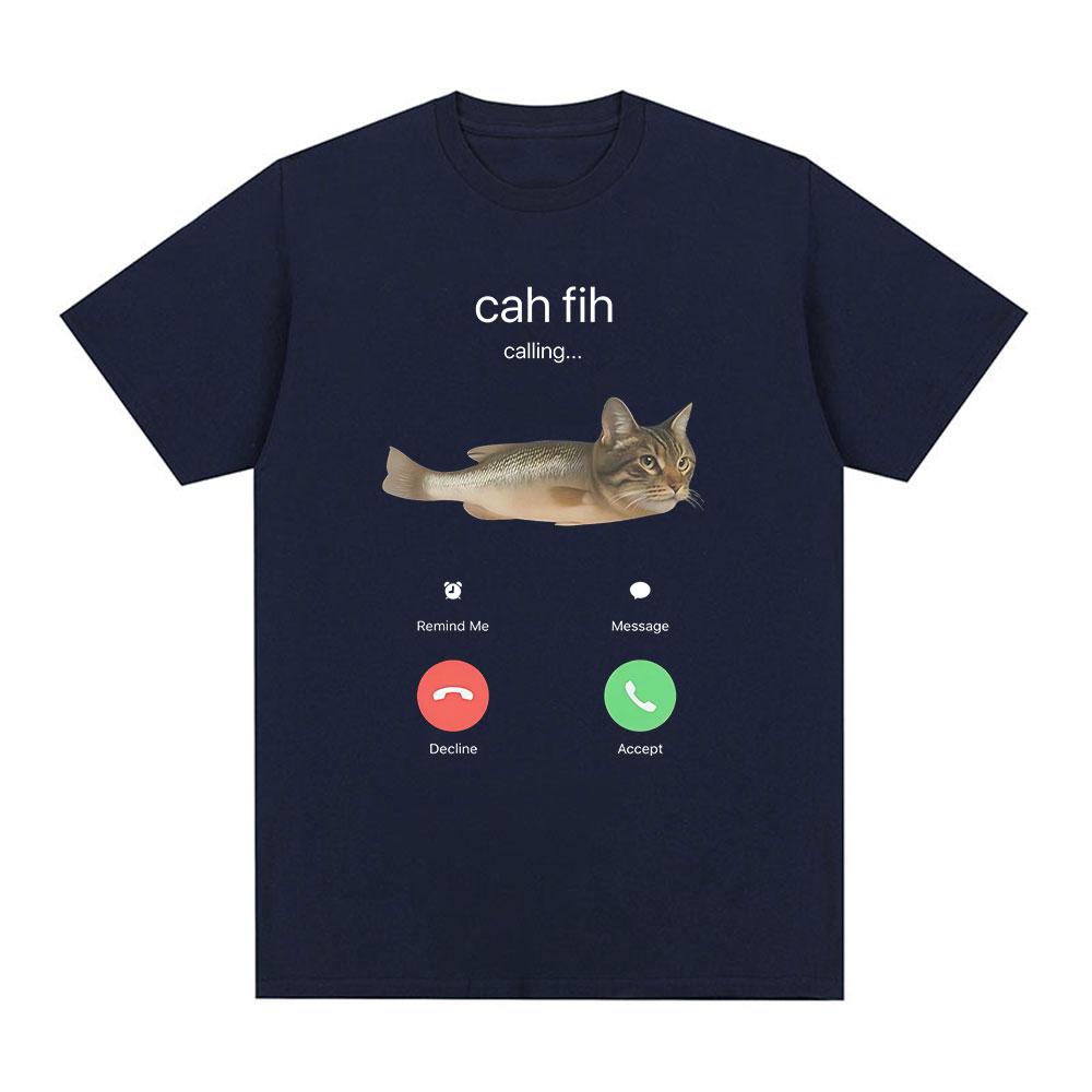 Cah Fih Meme TShirt Funny Calling Cat Fish Hybrid Meme T Shirt Absurd Humor Internet Culture Gift Short Sleeves Tshirts