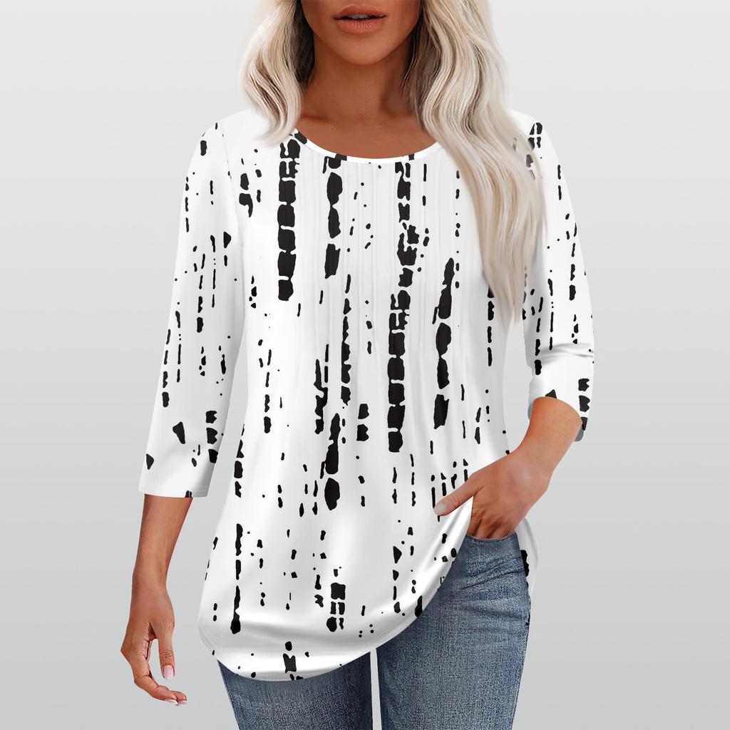 Рубашки с рукавом 3/4 для женщин, модные, повседневные, с круглым вырезом, с принтом, футболка, топ