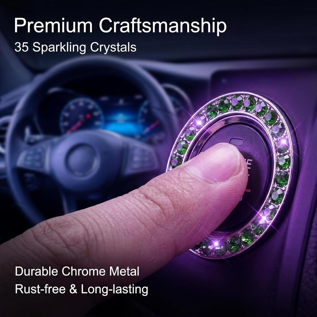1 PC Bling Push to Start Button Ring, Sparkling Crystal Rhinestone Ignition Sticker, Lime Green Chrome Metal Decal, Universal for Most Cars, Trucks,