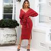 Women Autumn Winter Sexy Dress V-Neck With Cross Belt Long Sleeve Elegant Sweater Knitted Split Slim Solid S-XL