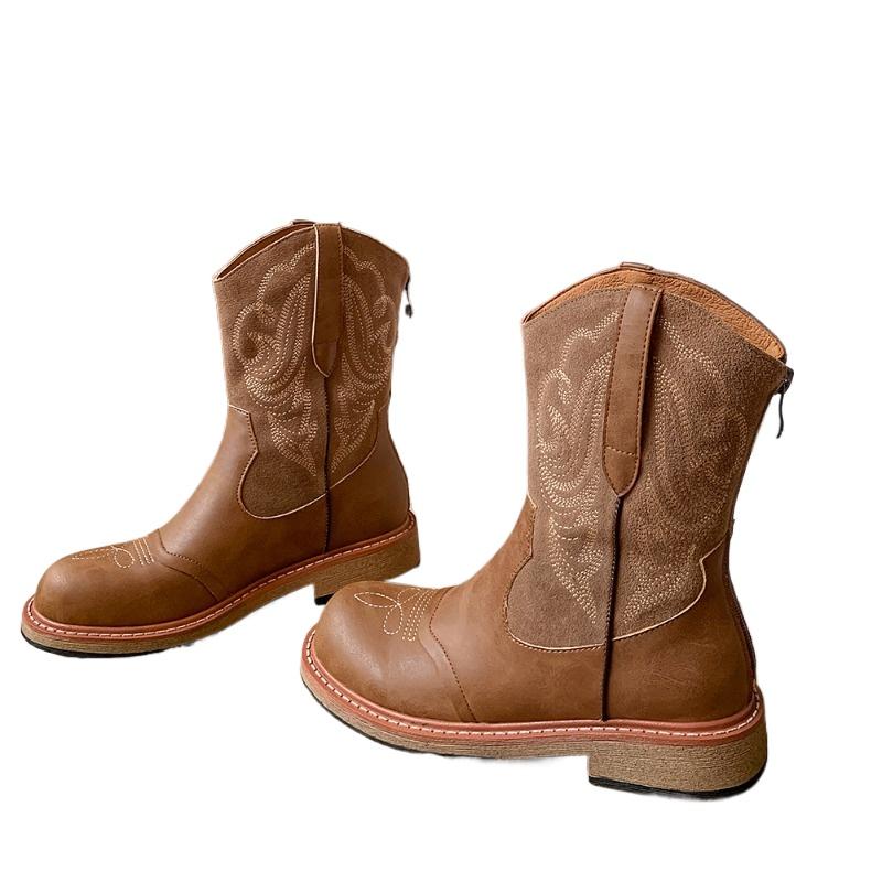 Мода 2024 Новая женская обувь Рукав Женские ботинки Осень Зима Сохраняют тепло Круглый носок Однотонные Короткий голенище Массивный каблук Ковбойские ботинки