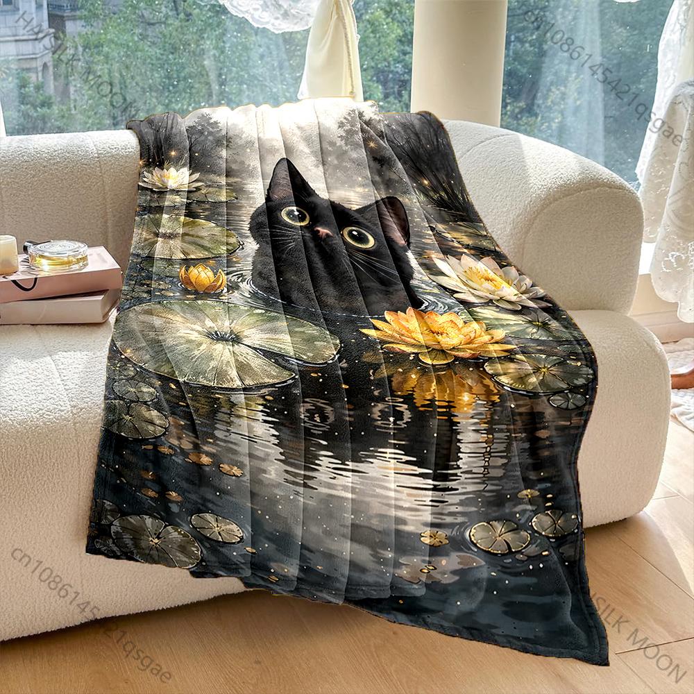 Multiple sizes Black cat in pond Print Adult Children Warm Blankets Home Travel Car Soft Comfortable Suitable for all seasons