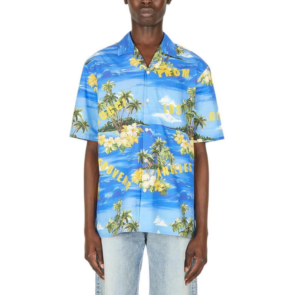 Gucci Хлопковая поплиновая рубашка для боулинга с принтом 694124-ZAJSR-4464