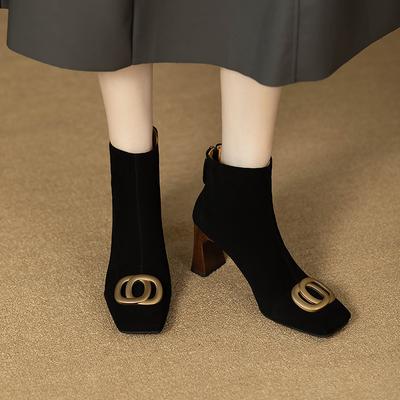 Европейские и американские ботильоны на толстом каблуке с квадратным носком, металлической пряжкой, задней молнией, на высоком каблуке, тонкие ботинки Мартин, ретро матовые ботильоны на высоком каблуке