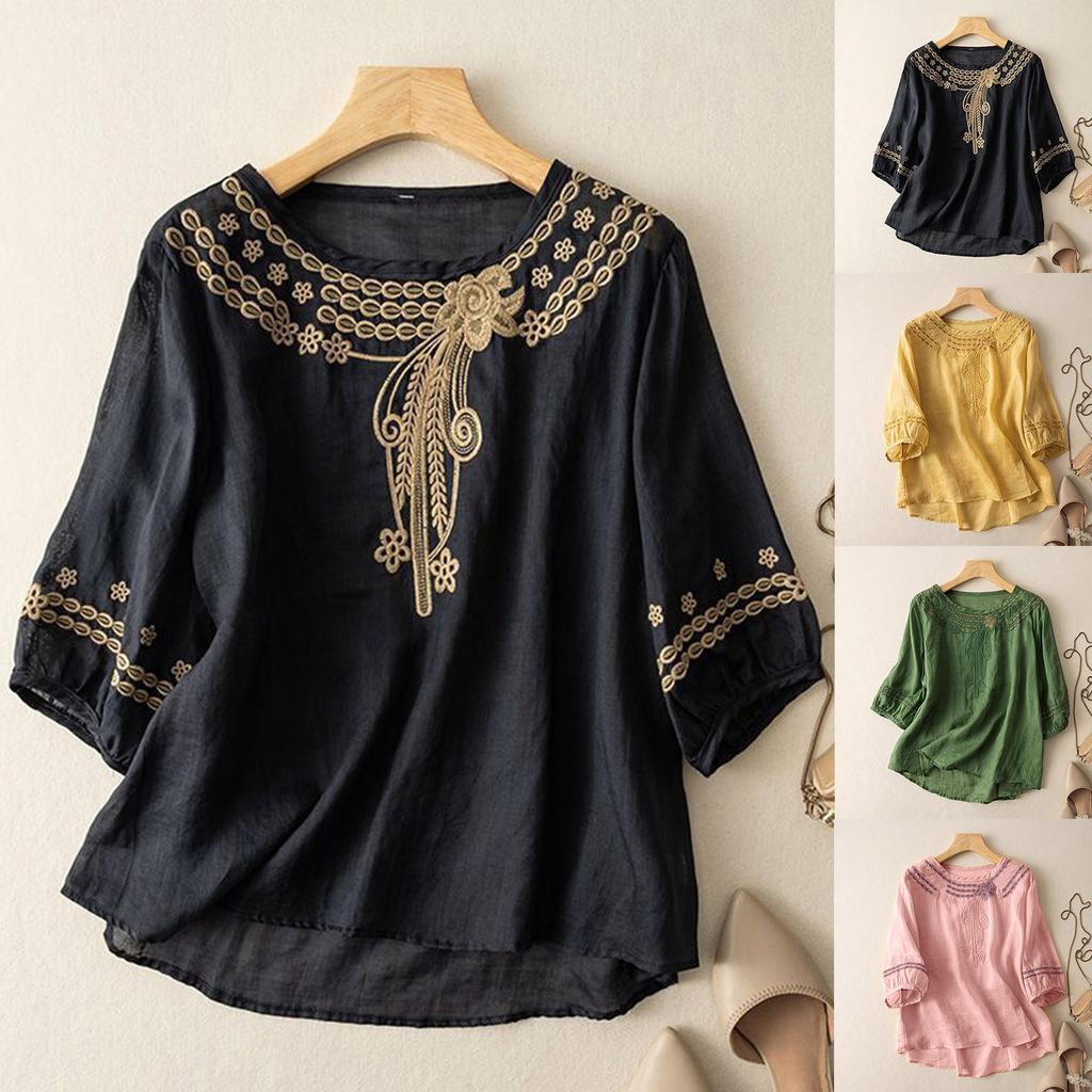 Shirt For Women Fashion Casual Cuff Sleeve Cotton Linen V Neck Top Summer Embroidery Loose T Shirt Top Short Sleeve Tops