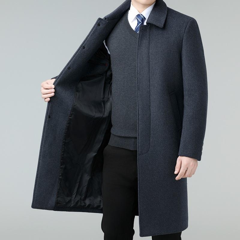 Winter Men's Cashmere Coat Long Casual Business Middle-aged and Elderly Dad's Wool Woolen Thick Coat for Men